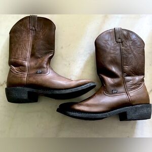 Justin Dark Brown Tan Leather Men's 12 B Round Toe Western Heel Cowboy Boots